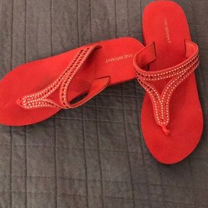 Red wedge flip flops with sparkle